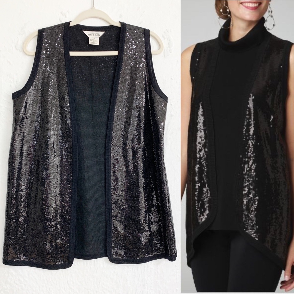 Misook Black Sequin Knit Long Line Vest Sz S